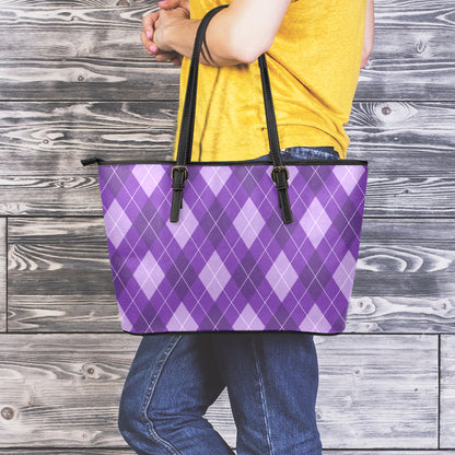 Purple Argyle Pattern Print Leather Tote Bag