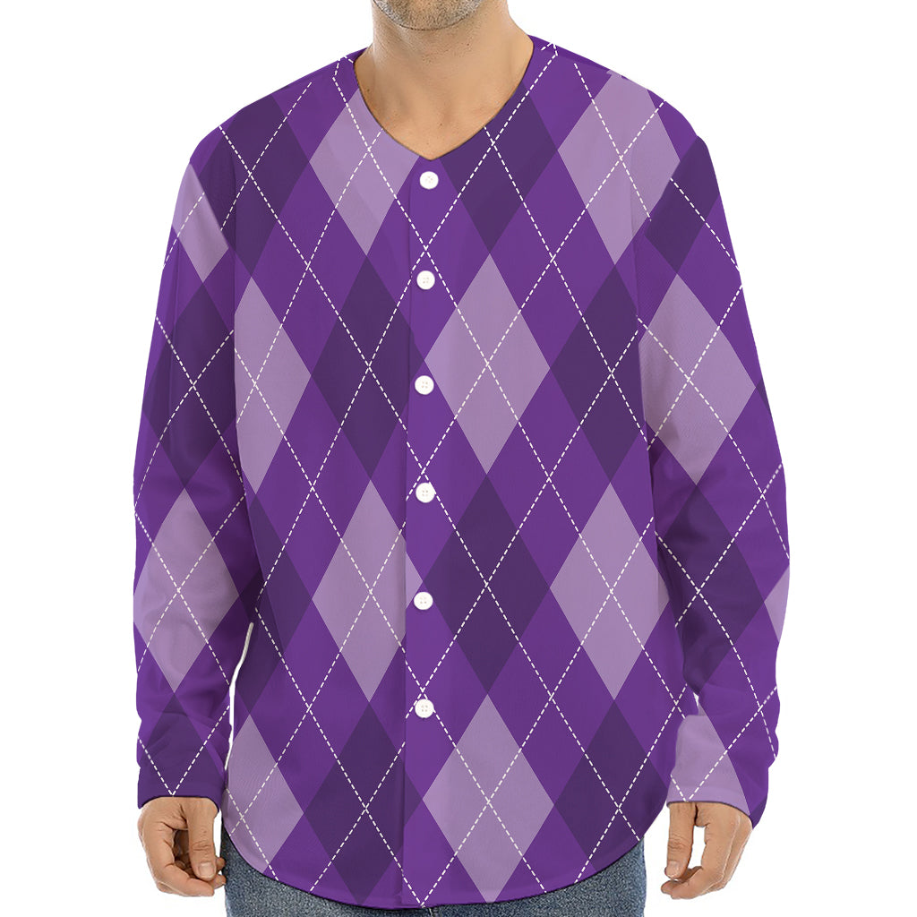 Purple Argyle Pattern Print Long Sleeve Baseball Jersey