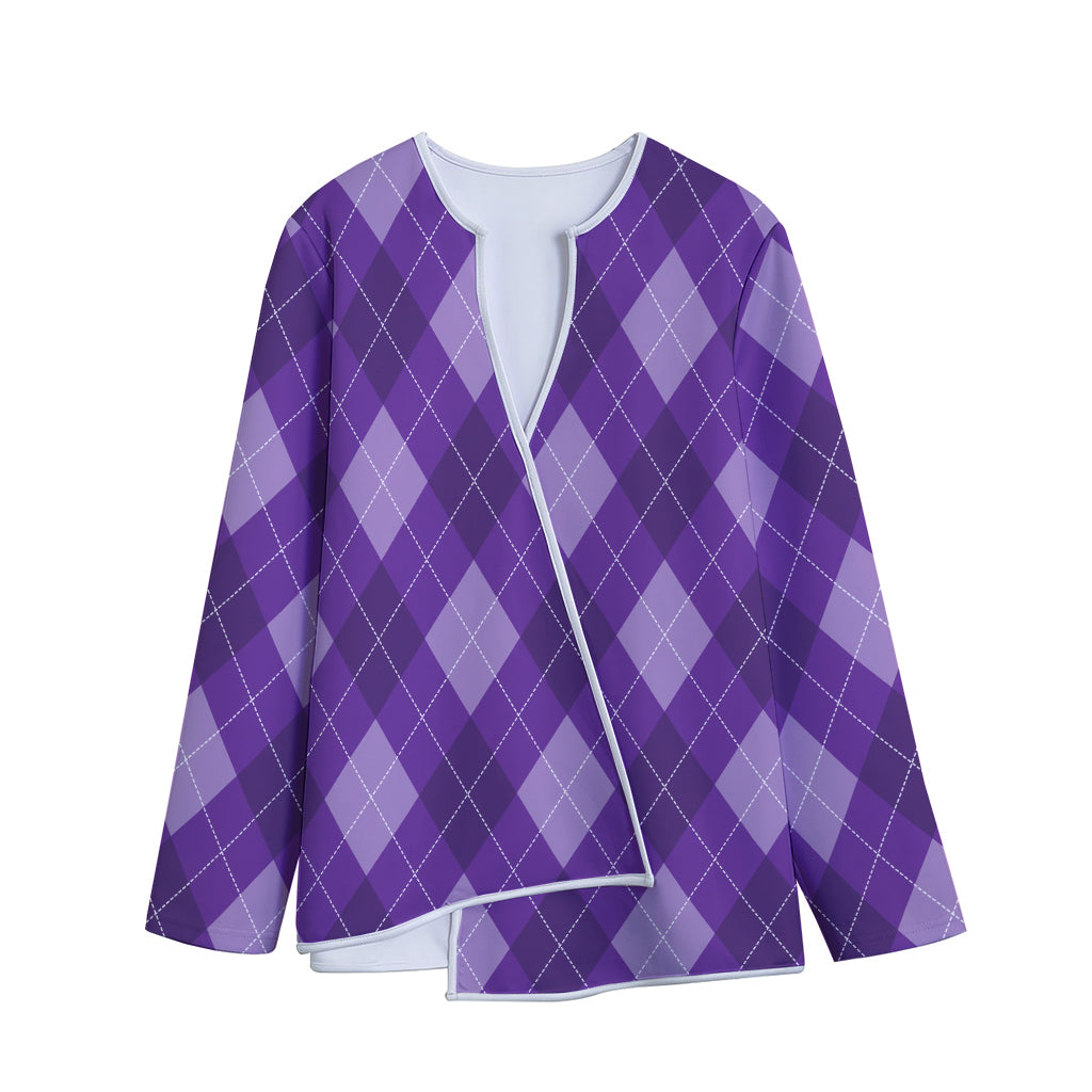 Purple Argyle Pattern Print Long Sleeve Short Coat