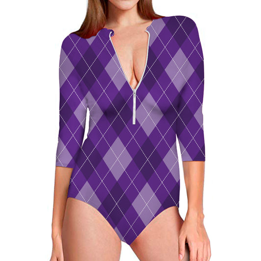 Purple Argyle Pattern Print Long Sleeve Swimsuit