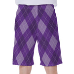 Purple Argyle Pattern Print Men's Beach Shorts