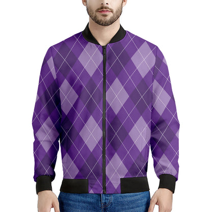 Purple Argyle Pattern Print Men's Bomber Jacket