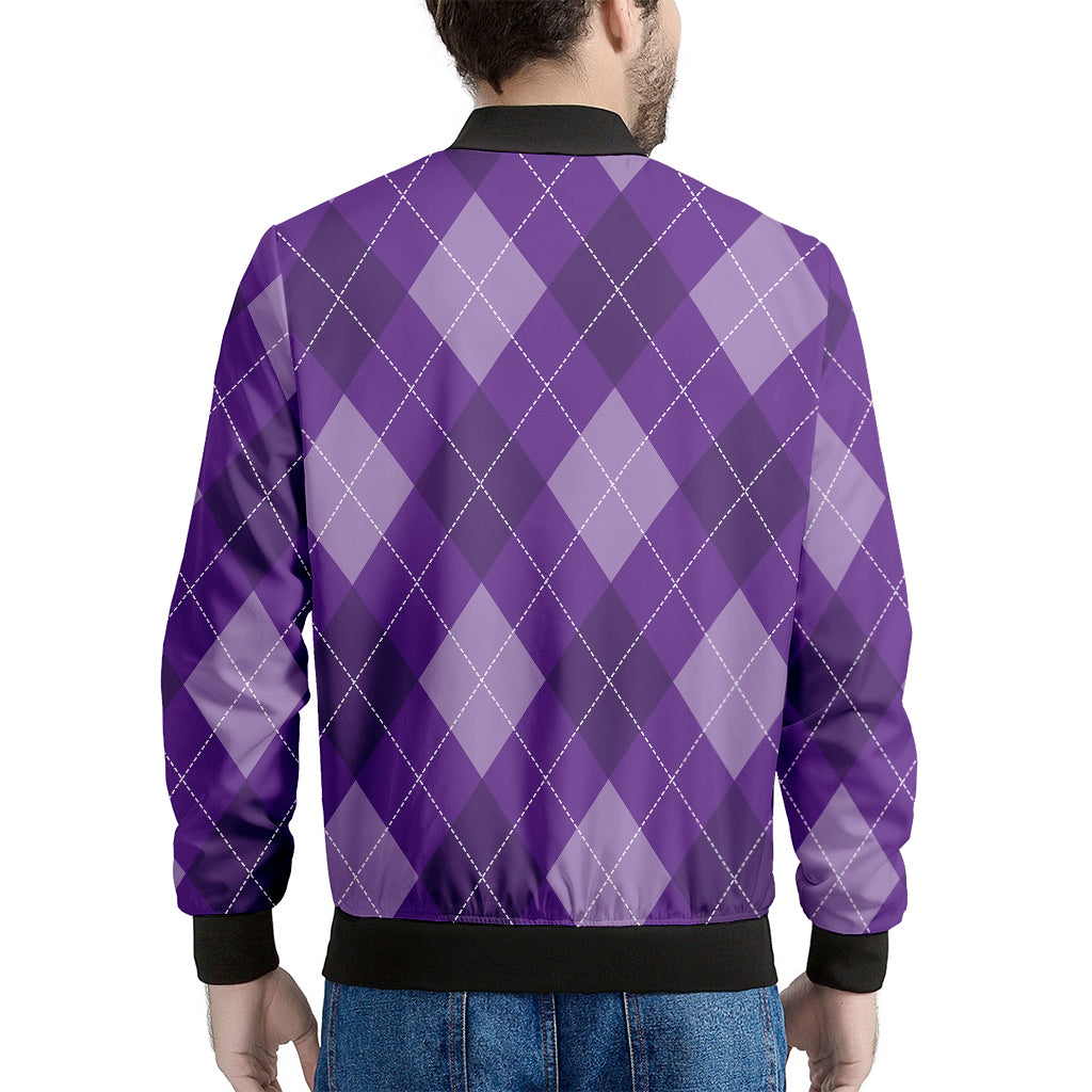 Purple Argyle Pattern Print Men's Bomber Jacket