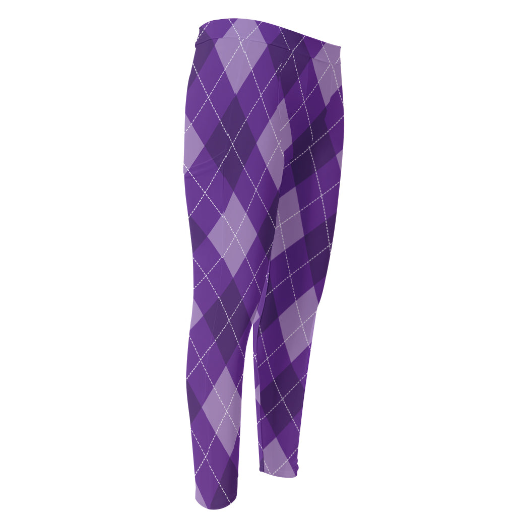 Purple Argyle Pattern Print Men's Compression Pants