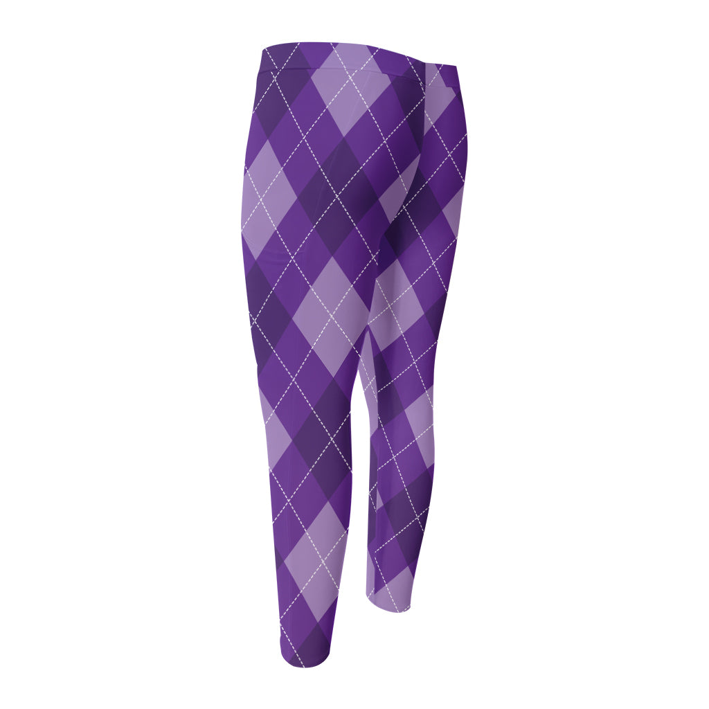 Purple Argyle Pattern Print Men's Compression Pants