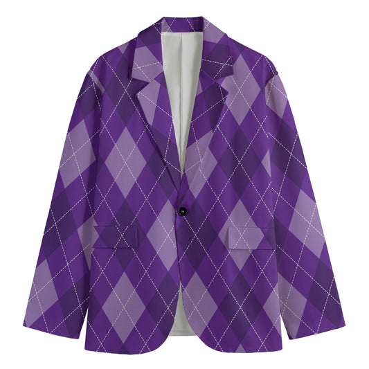 Purple Argyle Pattern Print Men's Cotton Blazer