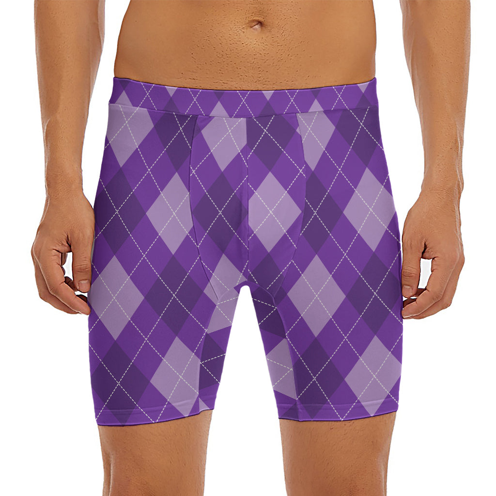 Purple Argyle Pattern Print Men's Long Boxer Briefs