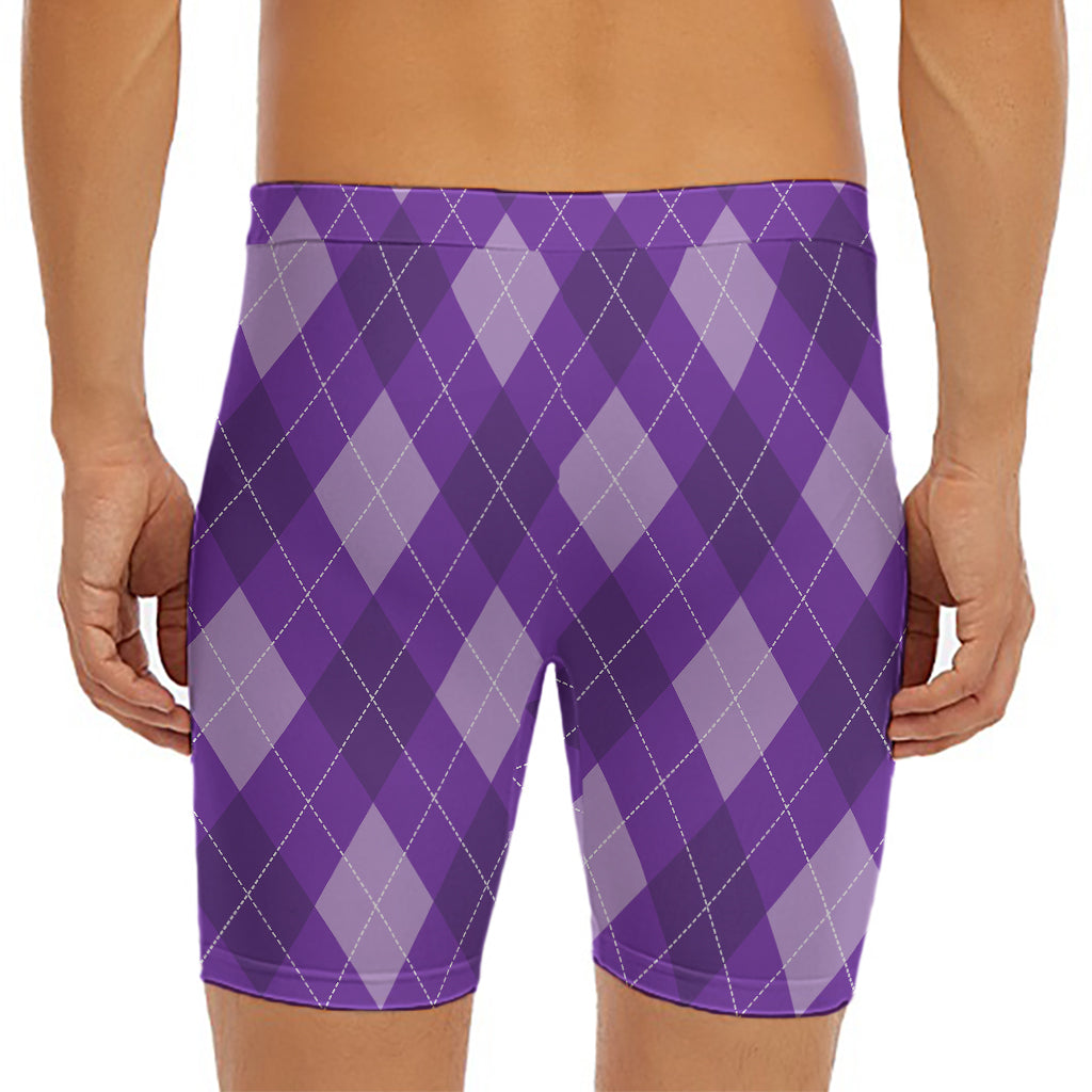 Purple Argyle Pattern Print Men's Long Boxer Briefs