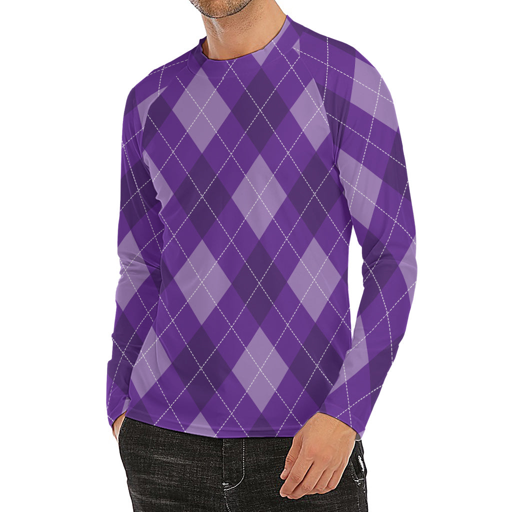 Purple Argyle Pattern Print Men's Long Sleeve Rash Guard