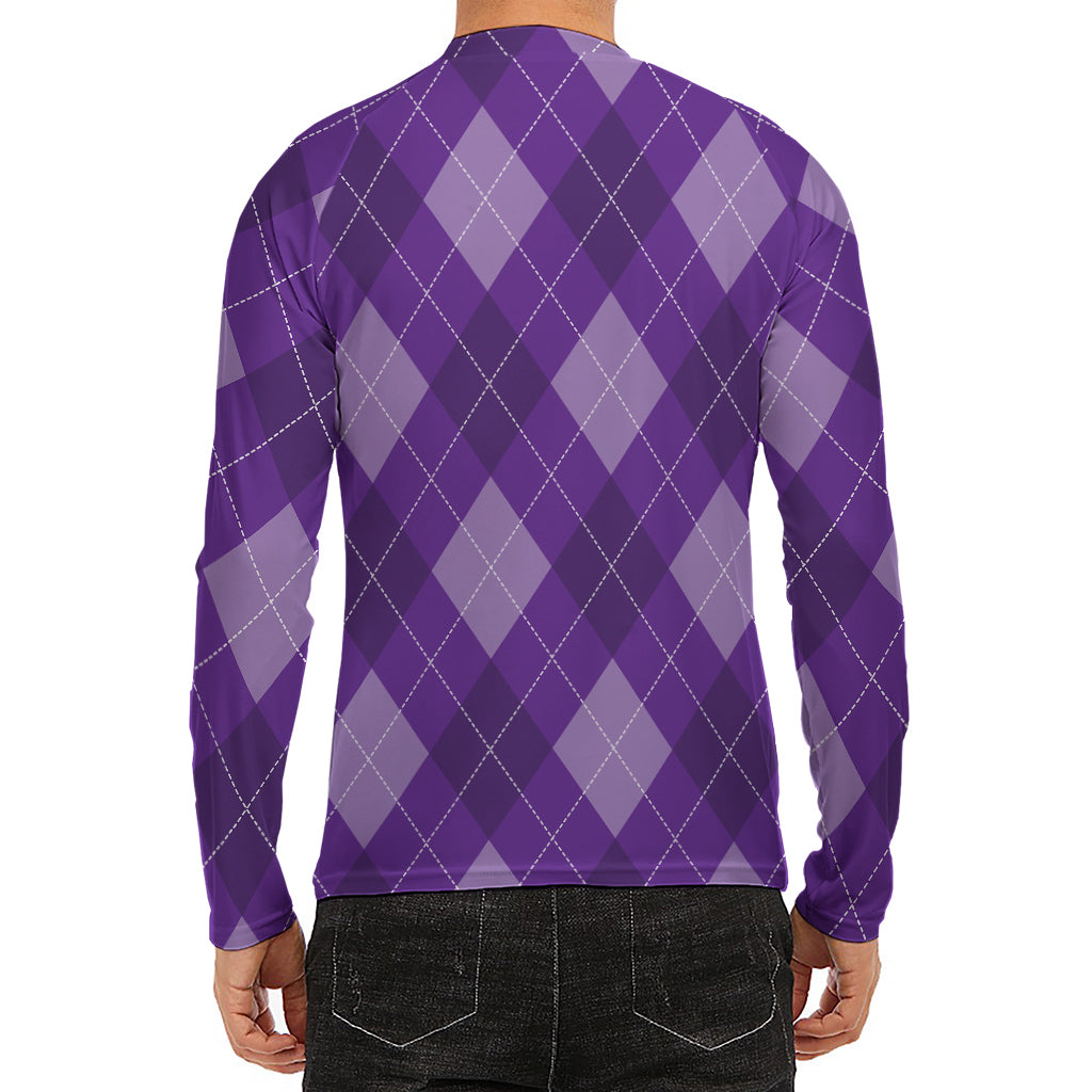 Purple Argyle Pattern Print Men's Long Sleeve Rash Guard