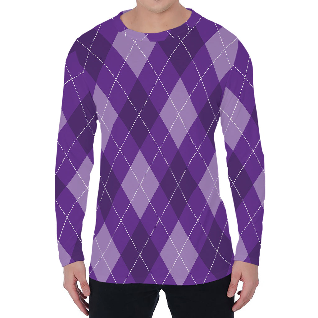 Purple Argyle Pattern Print Men's Long Sleeve T-Shirt