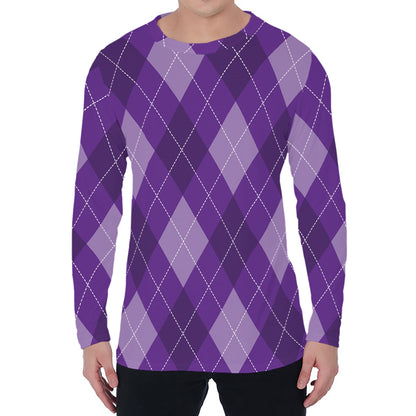 Purple Argyle Pattern Print Men's Long Sleeve T-Shirt