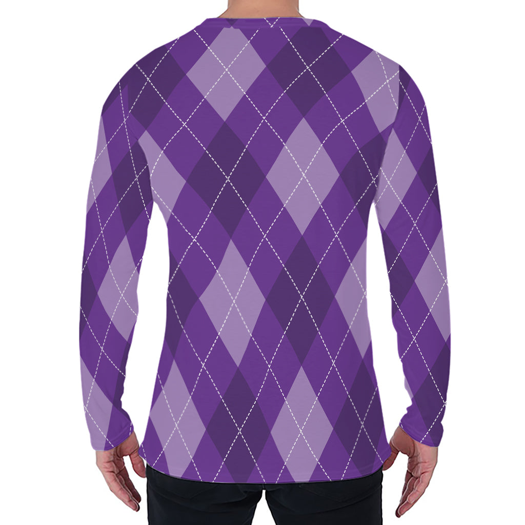 Purple Argyle Pattern Print Men's Long Sleeve T-Shirt