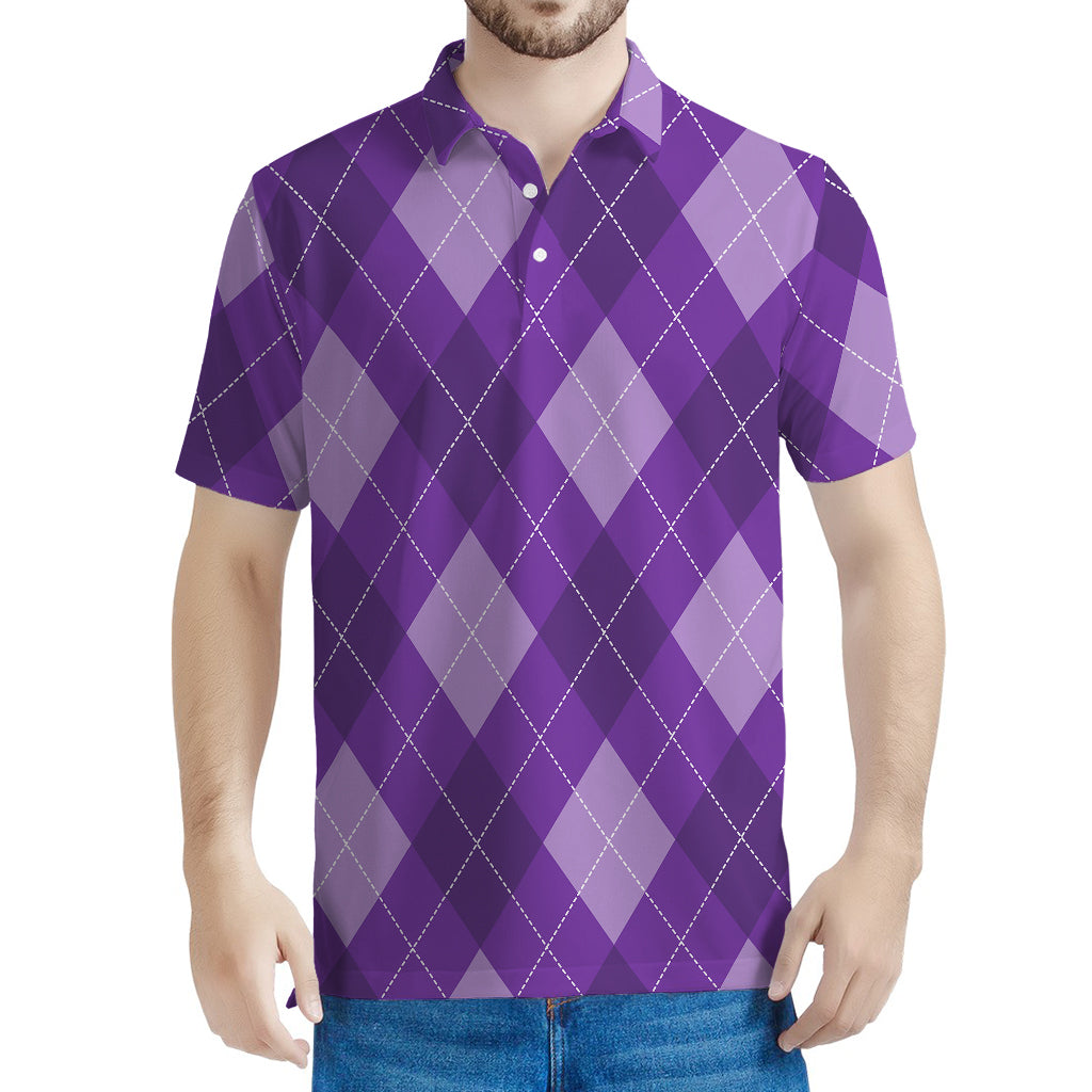Purple Argyle Pattern Print Men's Polo Shirt