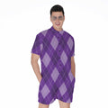 Purple Argyle Pattern Print Men's Romper