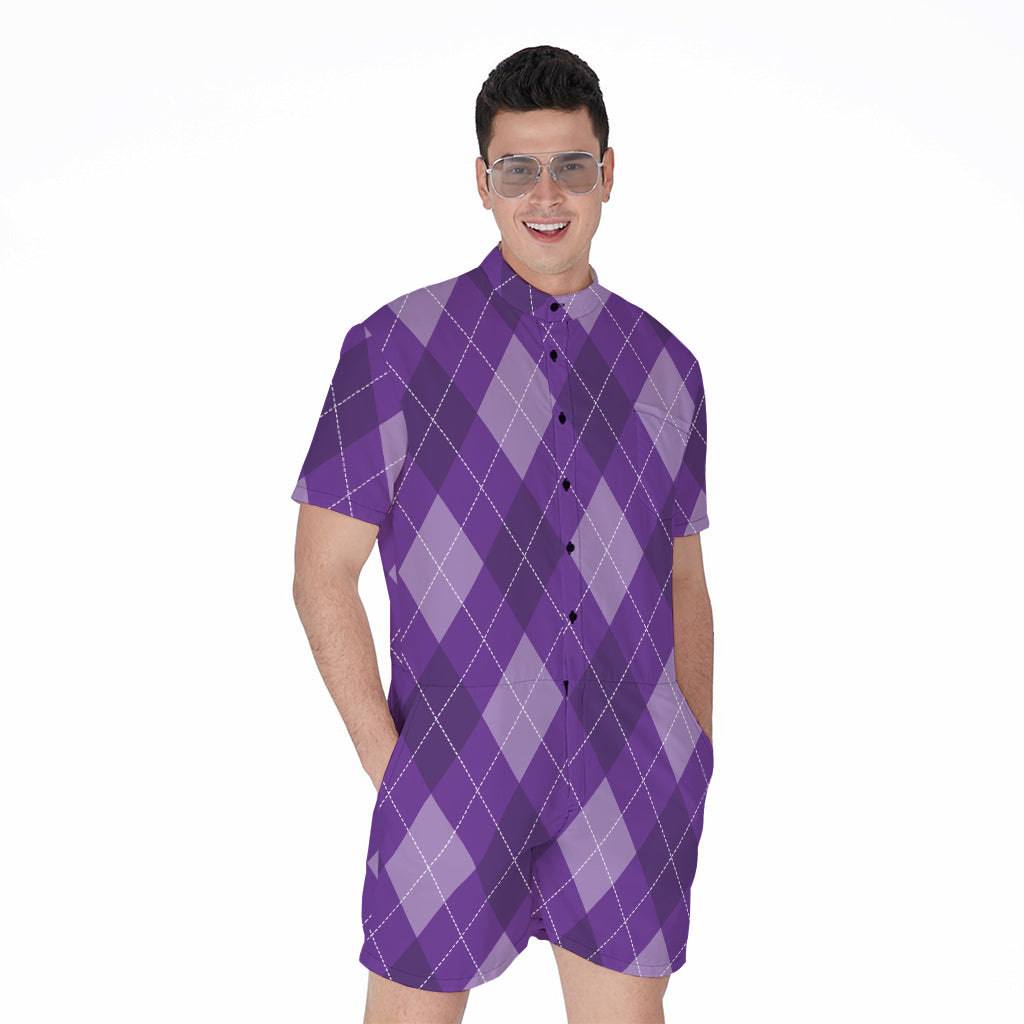 Purple Argyle Pattern Print Men's Rompers