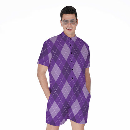 Purple Argyle Pattern Print Men's Rompers