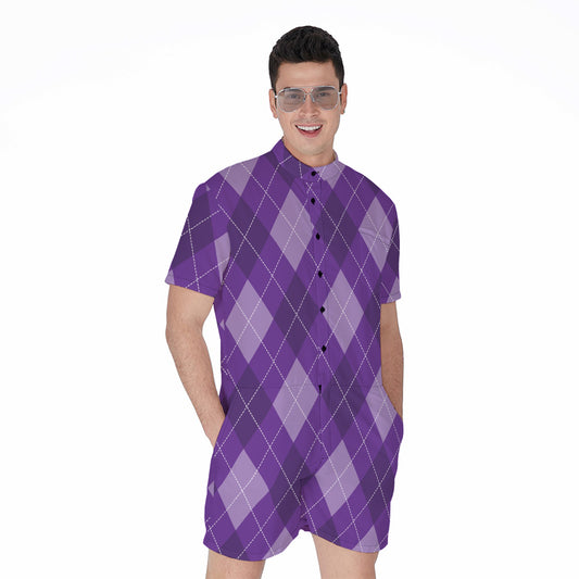 Purple Argyle Pattern Print Men's Rompers