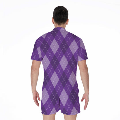 Purple Argyle Pattern Print Men's Rompers