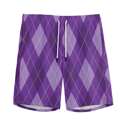 Purple Argyle Pattern Print Men's Sports Shorts