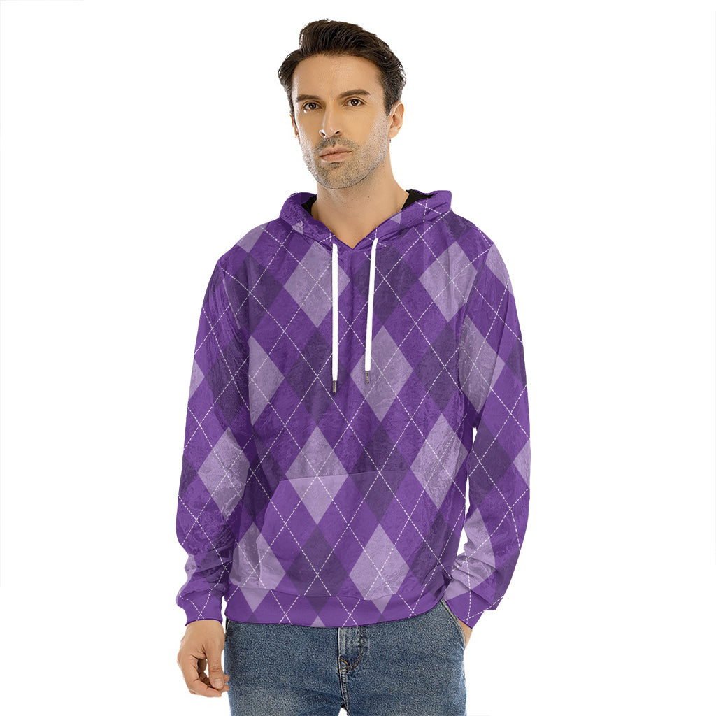 Purple Argyle Pattern Print Men's Velvet Pullover Hoodie