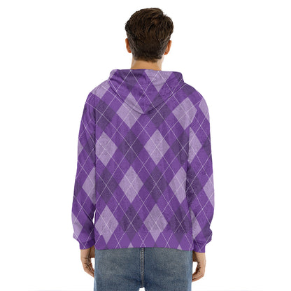 Purple Argyle Pattern Print Men's Velvet Pullover Hoodie