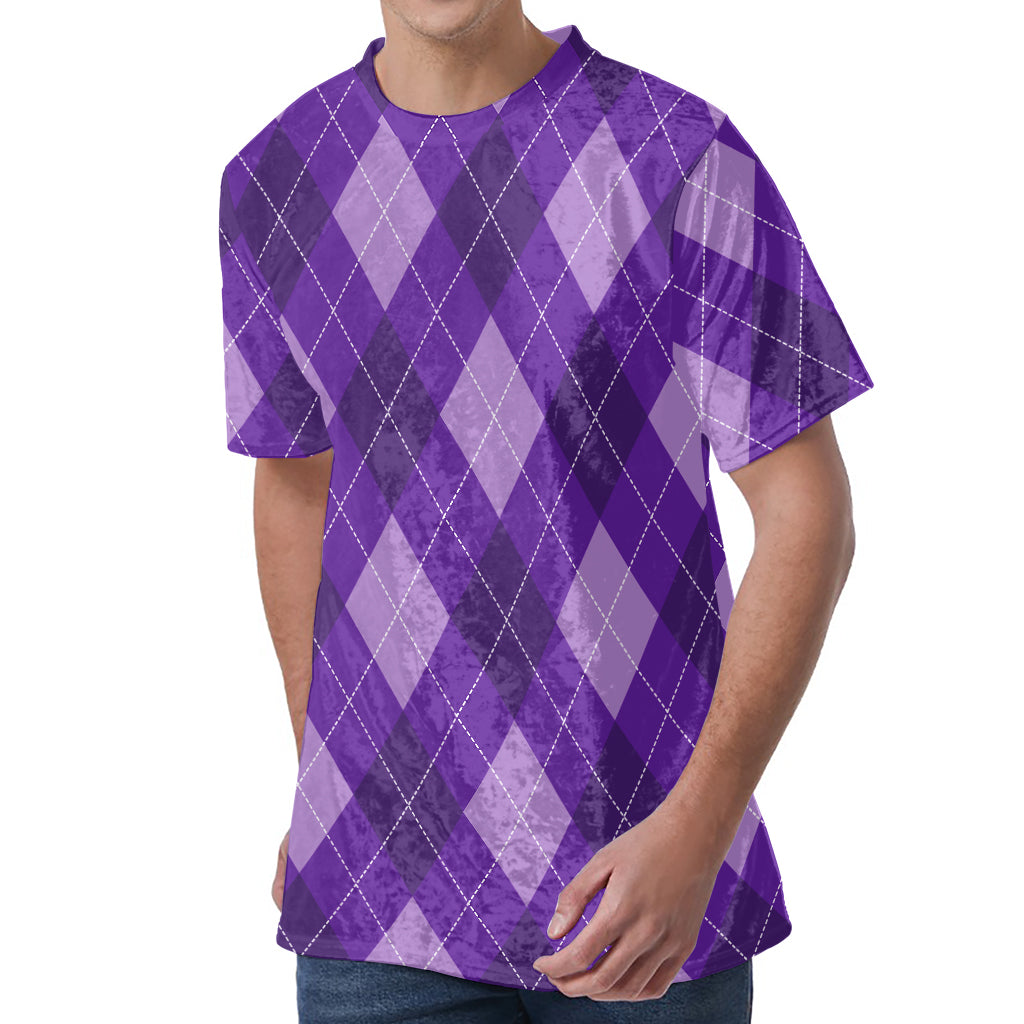 Purple Argyle Pattern Print Men's Velvet T-Shirt