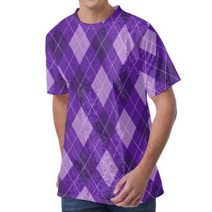 Purple Argyle Pattern Print Men's Velvet T-Shirt