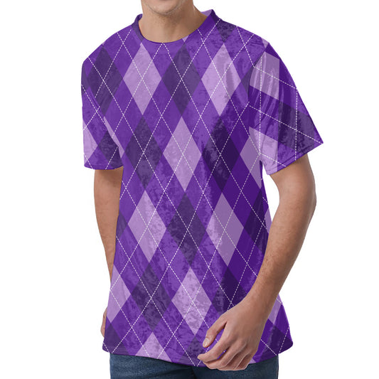 Purple Argyle Pattern Print Men's Velvet T-Shirt