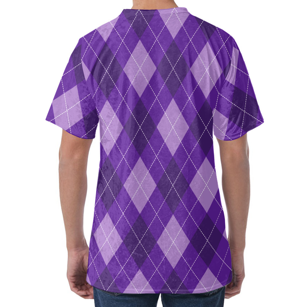 Purple Argyle Pattern Print Men's Velvet T-Shirt