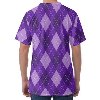 Purple Argyle Pattern Print Men's Velvet T-Shirt