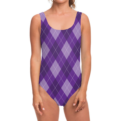 Purple Argyle Pattern Print One Piece Swimsuit