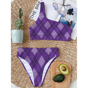 Purple Argyle Pattern Print One Shoulder Bikini Top