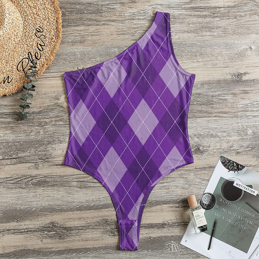 Purple Argyle Pattern Print One Shoulder Bodysuit