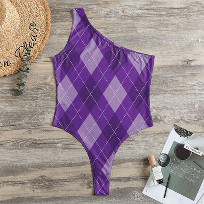 Purple Argyle Pattern Print One Shoulder Bodysuit