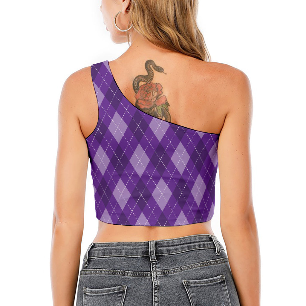 Purple Argyle Pattern Print One Shoulder Crop Top