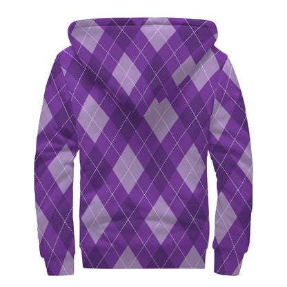 Purple Argyle Pattern Print Sherpa Lined Zip Up Hoodie