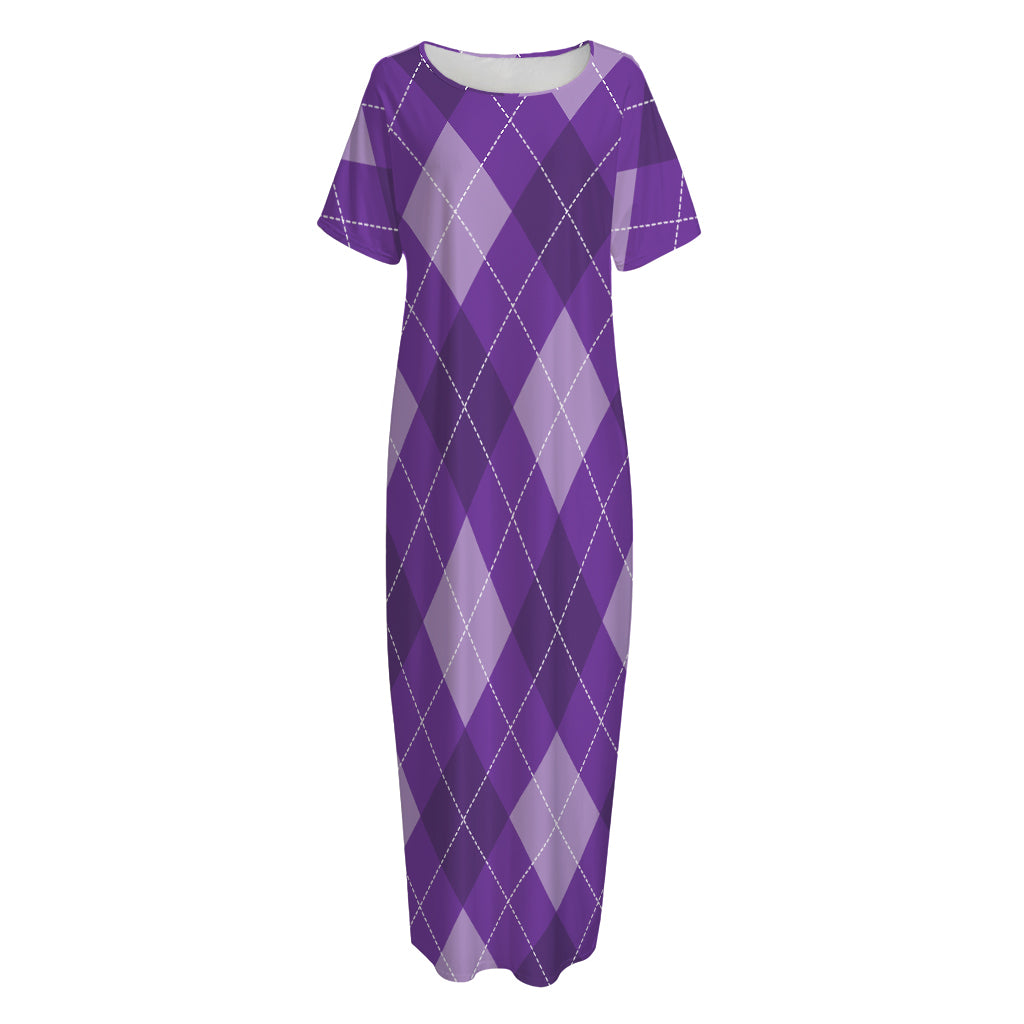 Purple Argyle Pattern Print Short Sleeve Long Nightdress