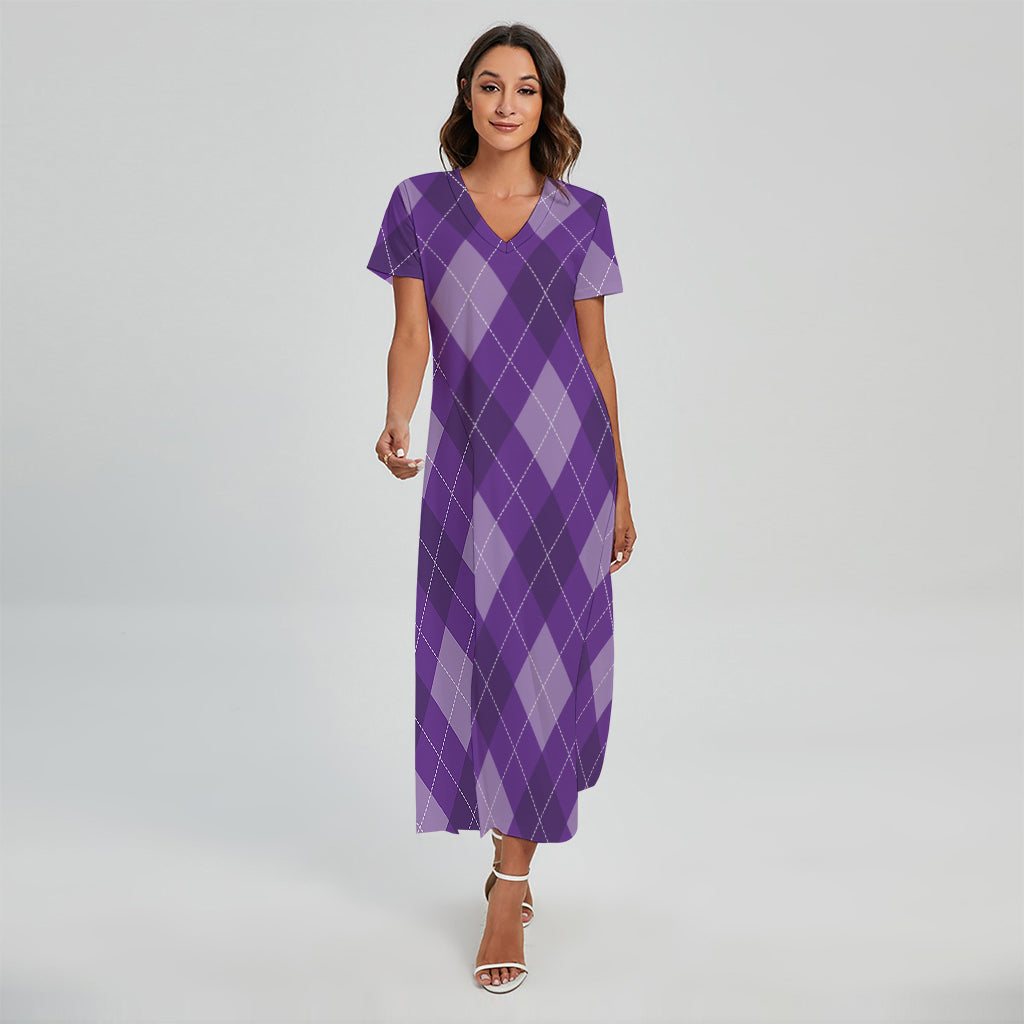 Purple Argyle Pattern Print Short Sleeve Maxi Dress