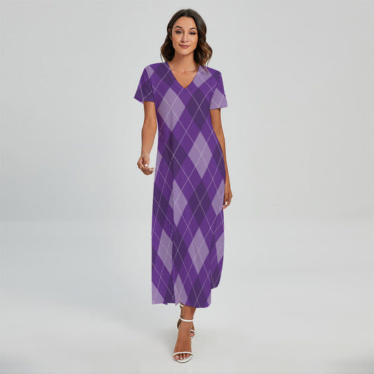 Purple Argyle Pattern Print Short Sleeve Maxi Dress