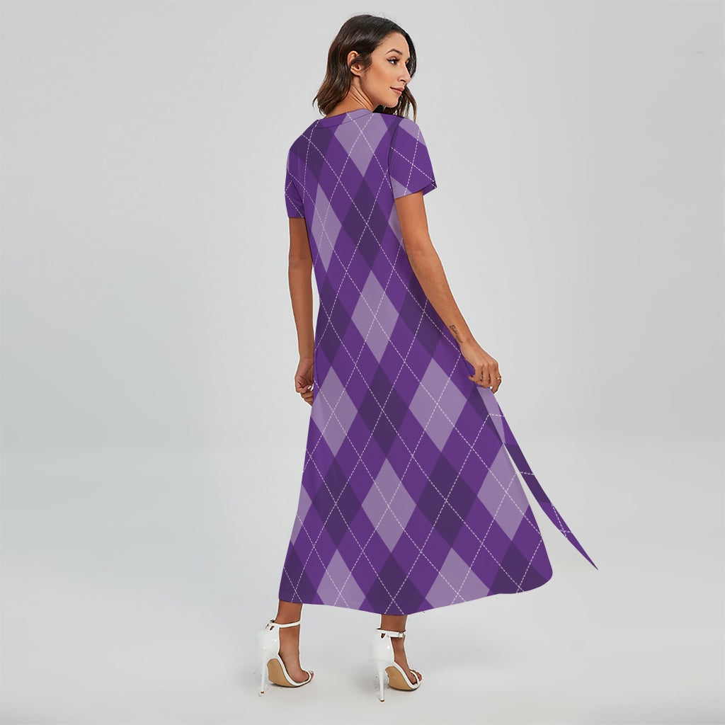 Purple Argyle Pattern Print Short Sleeve Maxi Dress