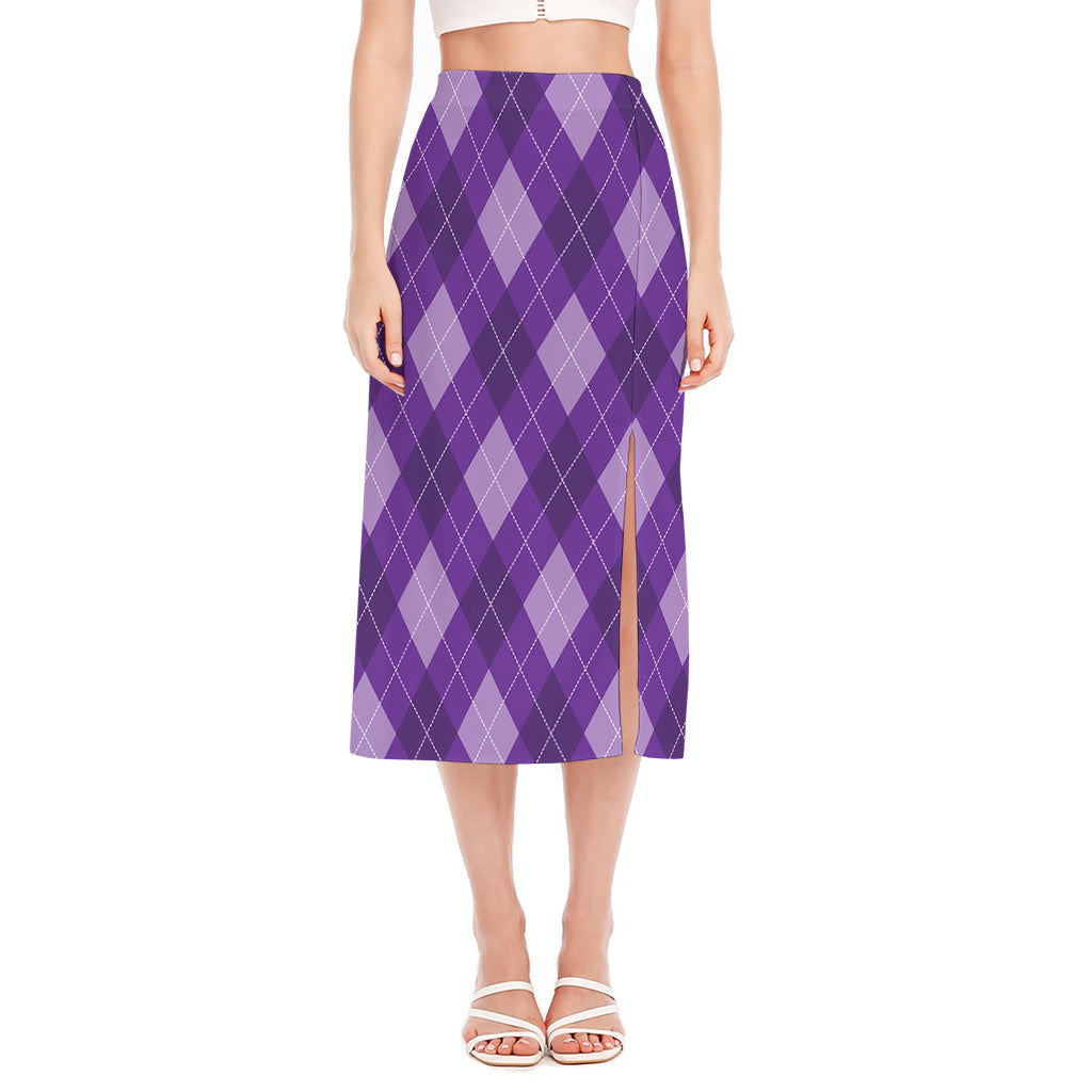 Purple Argyle Pattern Print Side Slit Midi Skirt