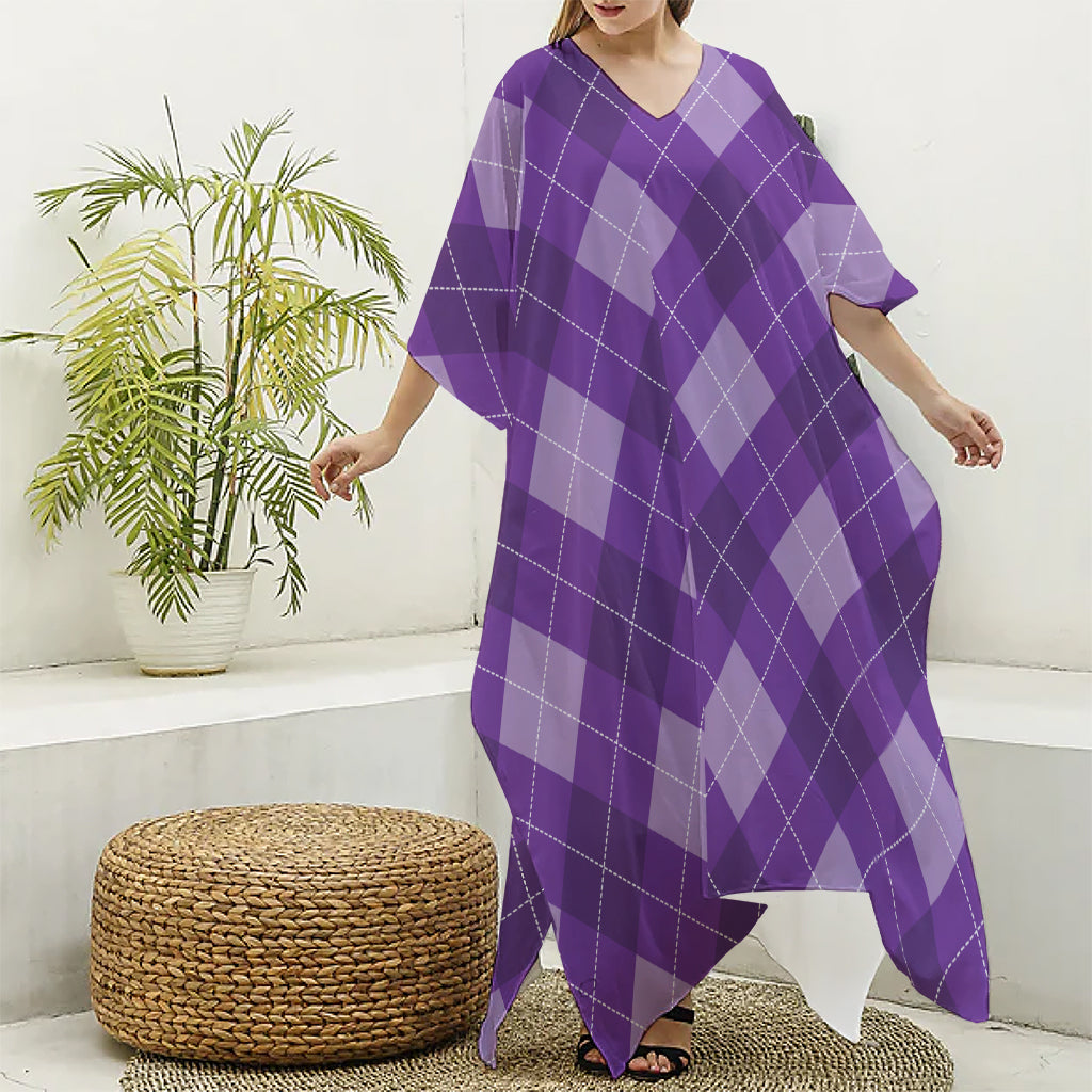 Purple Argyle Pattern Print Silk V-Neck Kaftan Dress