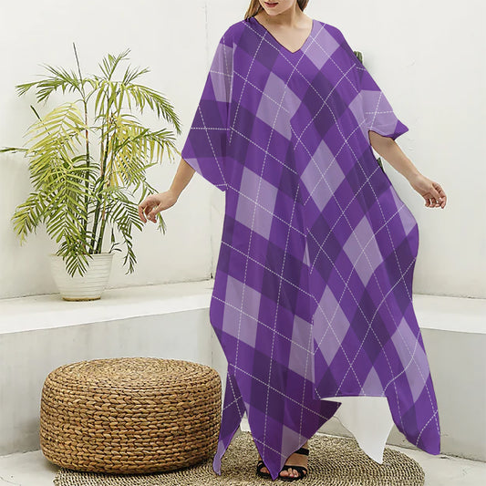 Purple Argyle Pattern Print Silk V-Neck Kaftan Dress