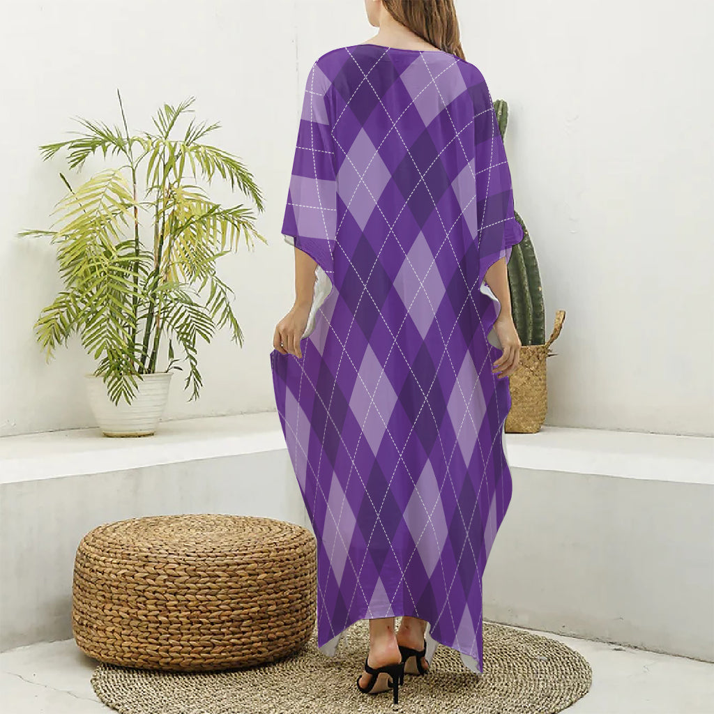 Purple Argyle Pattern Print Silk V-Neck Kaftan Dress
