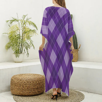 Purple Argyle Pattern Print Silk V-Neck Kaftan Dress