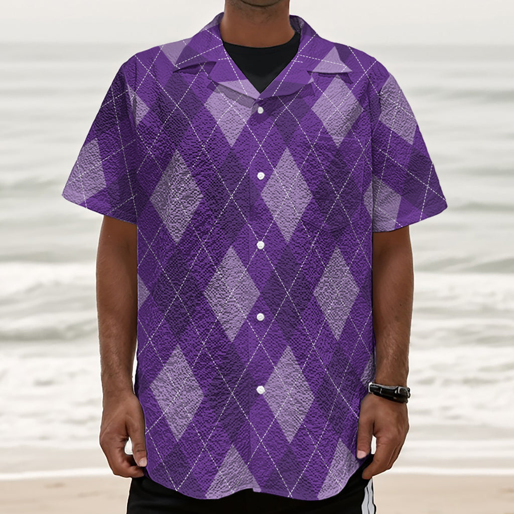 Purple Argyle Pattern Print Textured Short Sleeve Shirt