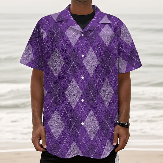 Purple Argyle Pattern Print Textured Short Sleeve Shirt