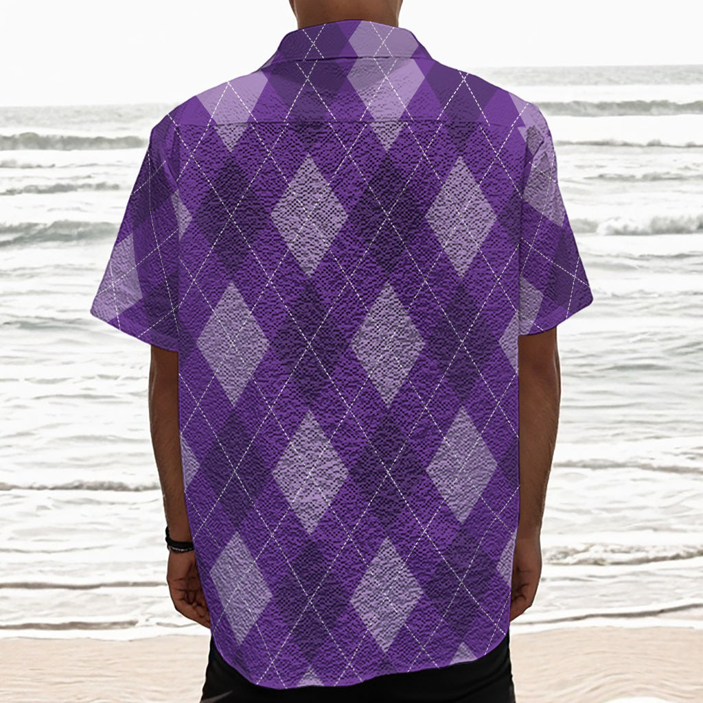 Purple Argyle Pattern Print Textured Short Sleeve Shirt