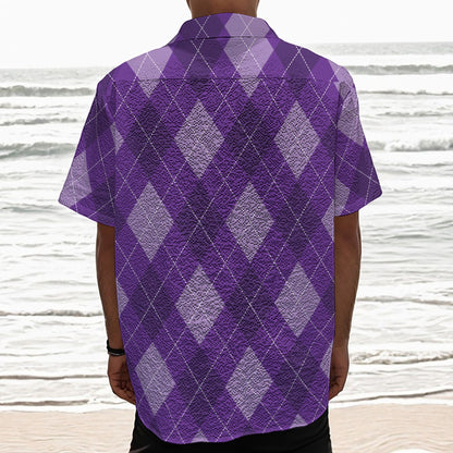 Purple Argyle Pattern Print Textured Short Sleeve Shirt